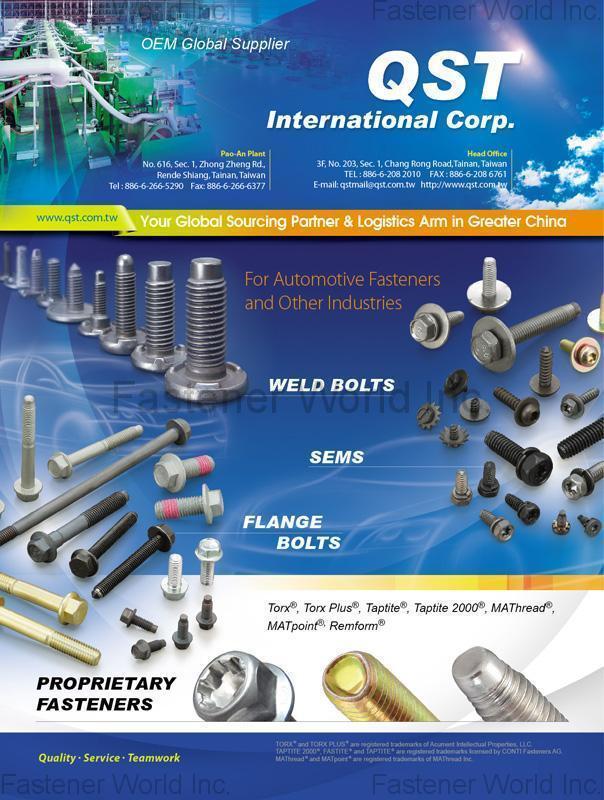 QST INTERNATIONAL CORP.  , Weld Bolts, Sems, Flange Bolts, Proprietary Fasteners, Automotive Fasteners, TORX® Screws, TORX PLUS® Screws®, TRI-LOBULAR®, TRI-LOBULAR 2000®, MAThraed®, MATpoint®, REMFORM® , Weld Bolts (studs)