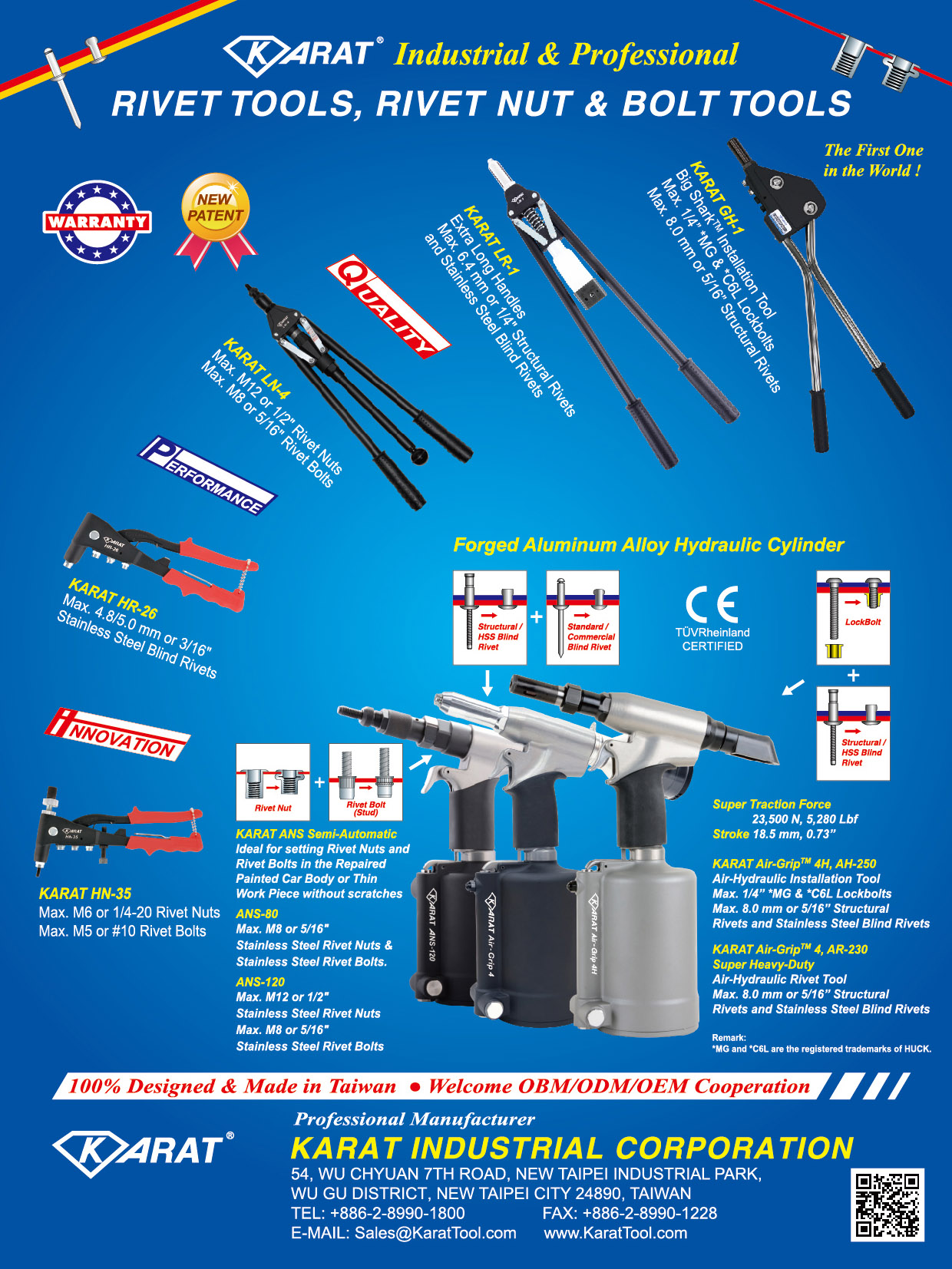 KARAT INDUSTRIAL CORPORATION  , Rivet Tools & Rivet Nuts & Bolt ToolsRivet Tools & Rivet Nuts & Bolt Tools KARAT GH-1(MAX.1/4 inch*MG &*C6L Lockbolts Max.8.0 mm or 5/16 inch Structural Rivets) KARAT LR-1(MAX.6.4 mm or 1/4 inch Structural Rivets and Stainless Steel Blind Rivets) KART LN-4(MAX.M12 or 1/2 inch Rivet Nuts MAX.M8 or 5/16 inch Rivet Bolts) KARAT HR-26(Max. 4.8/5.0 mm or 3/16 inch Stainless Steel Blind Rivets) KART HN-35(Max. M6 or 1/4-20 Rivet Nuts Max. M5 or #10 Rivet Bolts) KART ANS-80(Max. M8 or 5/16 inch Stainless Steel Rivet Nuts & Stainless Steel Rivet Bolts) KART ANS-120(Max. M12 or 1/2 inch Stainless Steel , Hand Rivet Tools, Hand Rivet Nut/rivet Bolt Tools, Air Hydraulic Rivet