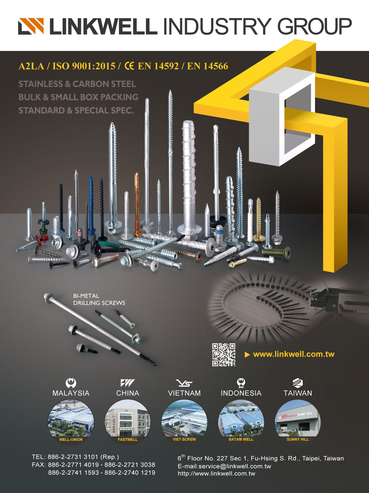 LINKWELL INDUSTRY CO., LTD. , Bi-metal Drilling Screws, Drywall Screws, Self Drilling Screws Assembled with EPDM Bonded Washers, Chipboard Screws for Wood Structure