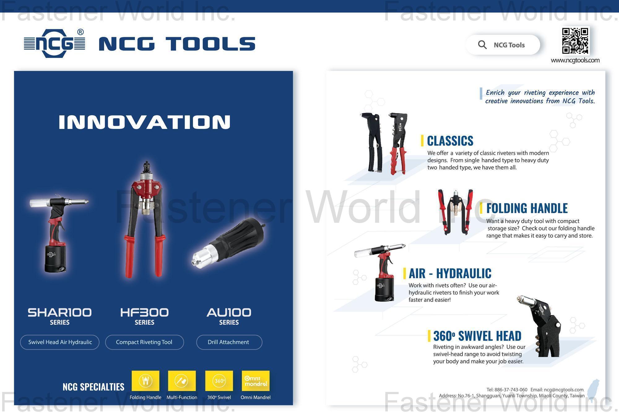 NCG TOOLS INDUSTRY CO., LTD.  , SHAR100 (Swivel Head Air Hydraulic), HF300 (Compact Riveting Tool), AU100 (Drill Attachment), Riveters, Folding Handle, 360 Swivel Head