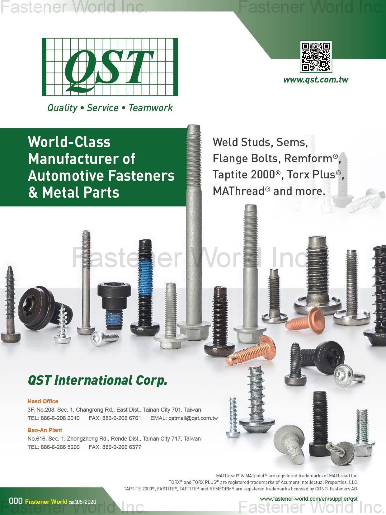 QST INTERNATIONAL CORP.  , Weld Studs, Sems, Flange Bolts, REMFORM®,  TRI-LOBULAR 2000®, TORX PLUS®, MAThread®  and more.