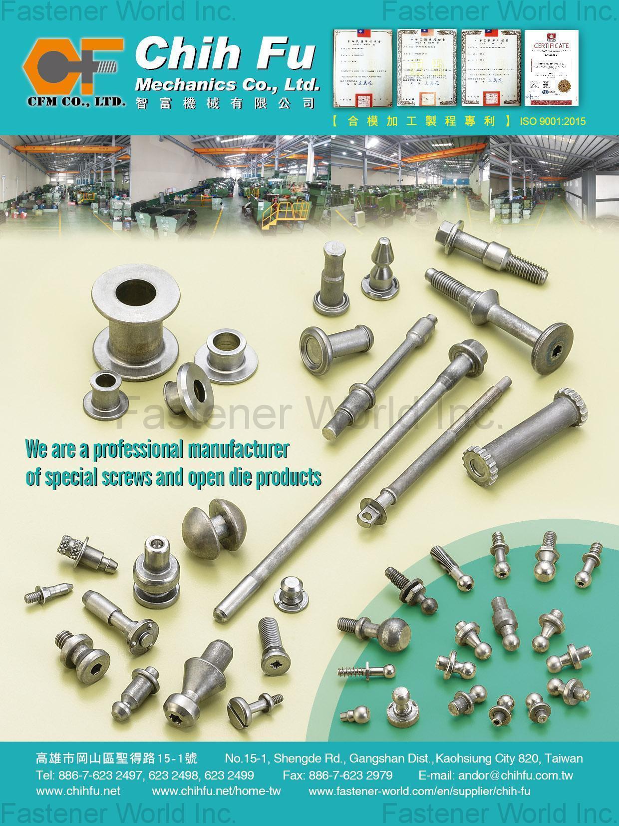 CHIH FU MECHANICS CO., LTD.  , AUTOMOTIVE PARTS, Ball stud, Pin stud, I-shaped Bushing, CONSTRUCTION PARTS, Machine screw, Tapping screw / Drywall screw, High Low thread screw, Tri-Lobular thread screw