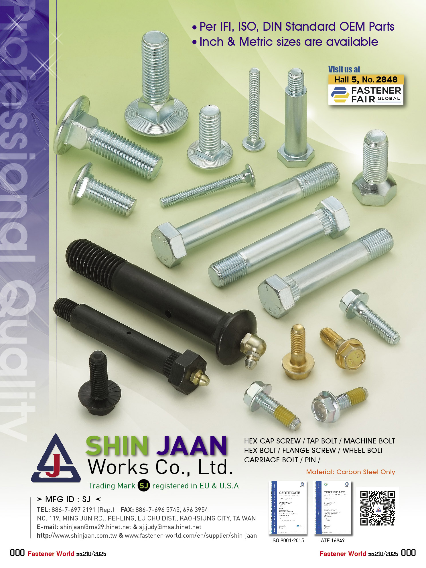 SHIN JAAN WORKS CO., LTD.  , Hex Cap Screws, Tap Bolts, Machine Bolts, Hex Bolts, Flange Screws, Wheel Bolts, Carriage Bolts, Pins