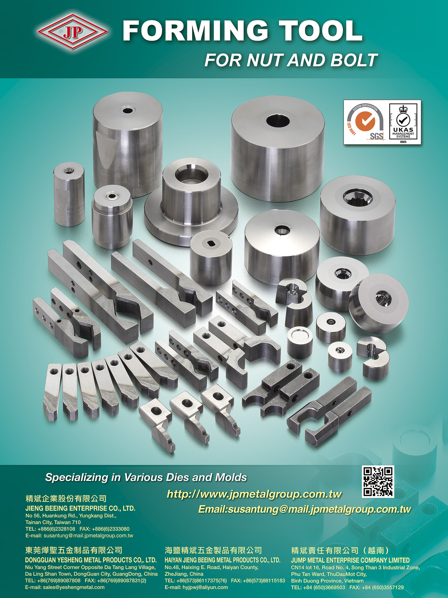 JIENG BEEING ENTERPRISE CO., LTD.  , Global Patent Licensing Machine Screw Rolling Dies Tapping Screw Rolling Dies Second Punches Heading Dies Drill Point Dies Trimming Die, Ko Pins, Segments, Cut-off Knives