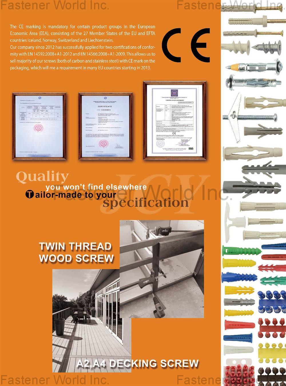 MASTERPIECE HARDWARE INDUSTRIAL CO., LTD. , Twin Thread Wood Screw, A2, A4 Decking Screw, Wall plugs , Twinfast Woodscrews