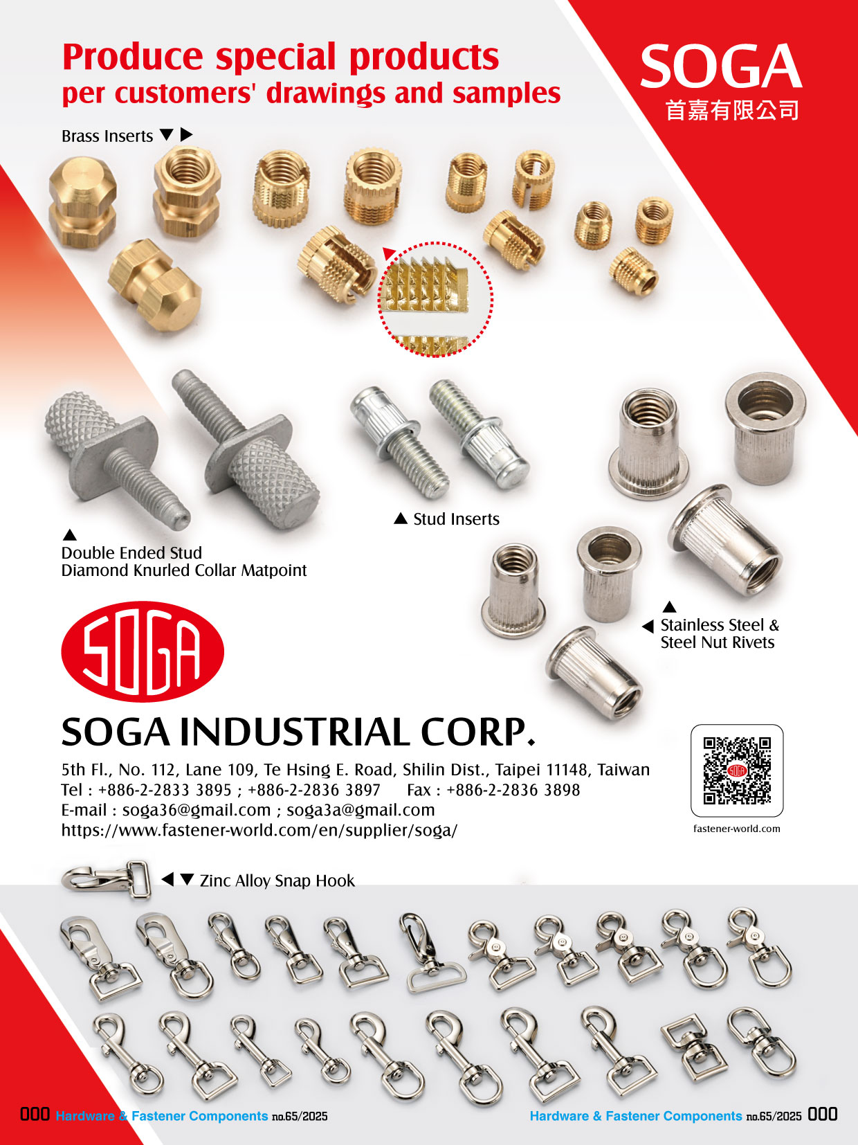 SOGA INDUSTRIAL CORP. , Brass Inserts, Stud Inserts, Double Ended Stud Diamond Knurled Collar Matpoint, Stainless Steel & Steel Nut Rivets, Zinc Alloy Snap Hook