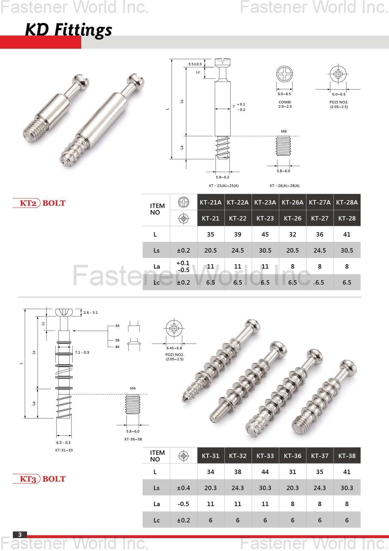 KAY-TAI FASTENERS INDUSTRIAL CO., LTD  , KayTai,KD FITTINGS,Dowels,Zinc Alloy Cams,Quick Assembly Dowels,Eccentric  ASSEMBLY TOOLS & PARTS,Wrench,Allen Keys,Wooden Dowelsm,Plastic Cover Caps  Nuts,D Nuts,E Nuts,Insert Nuts,Sleeve Nuts,Connecting Nuts,Rivets,Cross Dowels,Nylon Nuts. SHELF SUPPORTS,Steel Pins,Glass Shelf Supports,Steel Shelf Supports,Supporting Pins  SCREWS,Chipboard Screws,HI-LO Screws,Coating Screws,EURO Screws,Furniture Screws,Countersunk Screws,Pan Head Screws,JCBB / JCBC / JCBD Screws,Machine Screws,Knob Screws,Connecting Screws,5/32