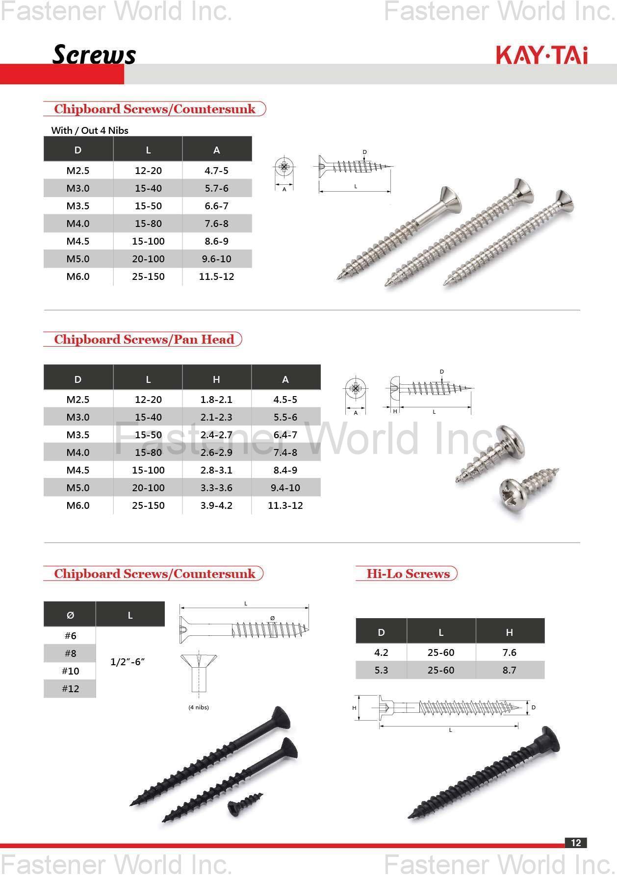 KAY-TAI FASTENERS INDUSTRIAL CO., LTD  , KayTai,KD FITTINGS,Dowels,Zinc Alloy Cams,Quick Assembly Dowels,Eccentric  ASSEMBLY TOOLS & PARTS,Wrench,Allen Keys,Wooden Dowelsm,Plastic Cover Caps  Nuts,D Nuts,E Nuts,Insert Nuts,Sleeve Nuts,Connecting Nuts,Rivets,Cross Dowels,Nylon Nuts. SHELF SUPPORTS,Steel Pins,Glass Shelf Supports,Steel Shelf Supports,Supporting Pins  SCREWS,Chipboard Screws,HI-LO Screws,Coating Screws,EURO Screws,Furniture Screws,Countersunk Screws,Pan Head Screws,JCBB / JCBC / JCBD Screws,Machine Screws,Knob Screws,Connecting Screws,5/32