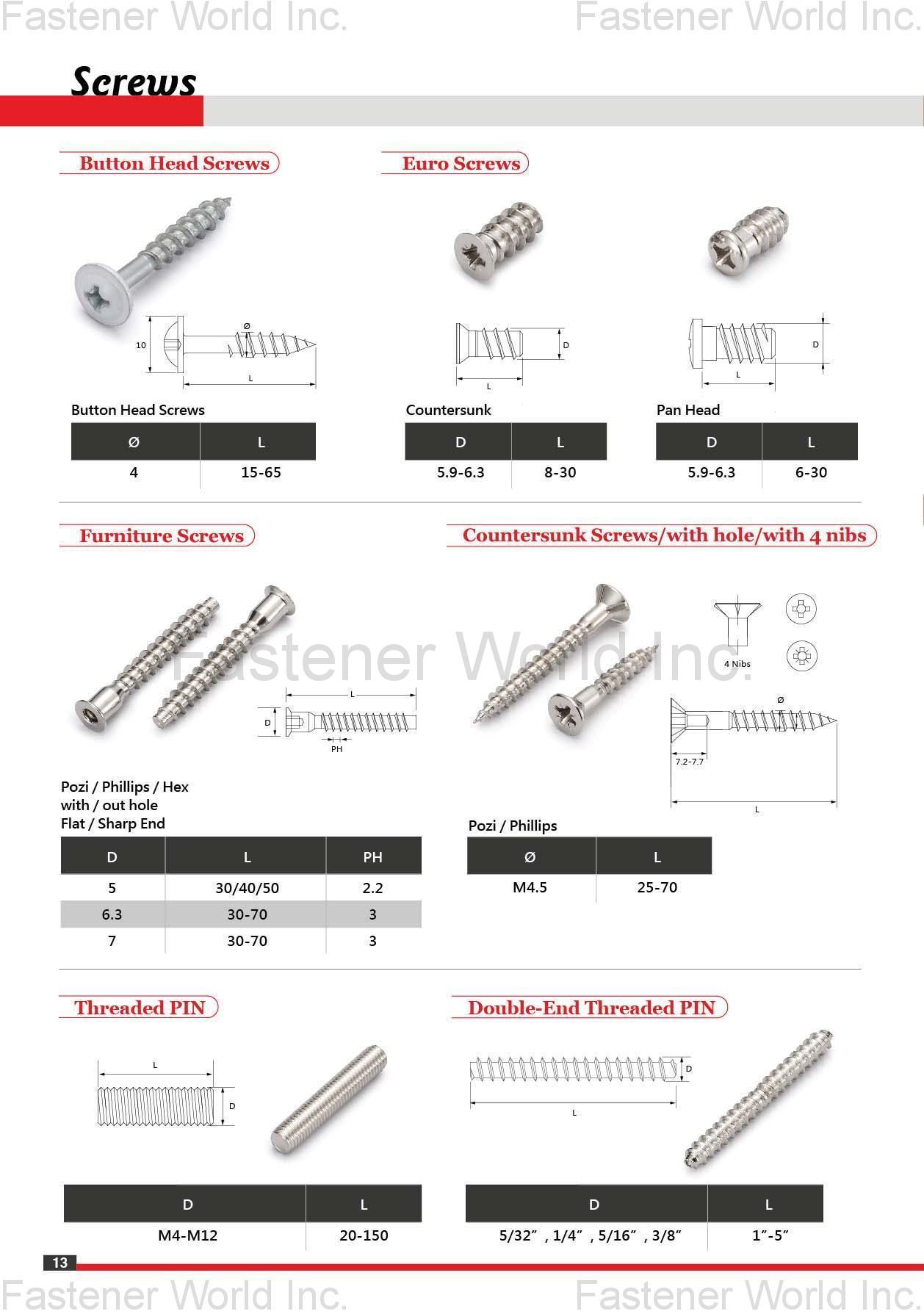 KAY-TAI FASTENERS INDUSTRIAL CO., LTD  , KayTai,KD FITTINGS,Dowels,Zinc Alloy Cams,Quick Assembly Dowels,Eccentric  ASSEMBLY TOOLS & PARTS,Wrench,Allen Keys,Wooden Dowelsm,Plastic Cover Caps  Nuts,D Nuts,E Nuts,Insert Nuts,Sleeve Nuts,Connecting Nuts,Rivets,Cross Dowels,Nylon Nuts. SHELF SUPPORTS,Steel Pins,Glass Shelf Supports,Steel Shelf Supports,Supporting Pins  SCREWS,Chipboard Screws,HI-LO Screws,Coating Screws,EURO Screws,Furniture Screws,Countersunk Screws,Pan Head Screws,JCBB / JCBC / JCBD Screws,Machine Screws,Knob Screws,Connecting Screws,5/32