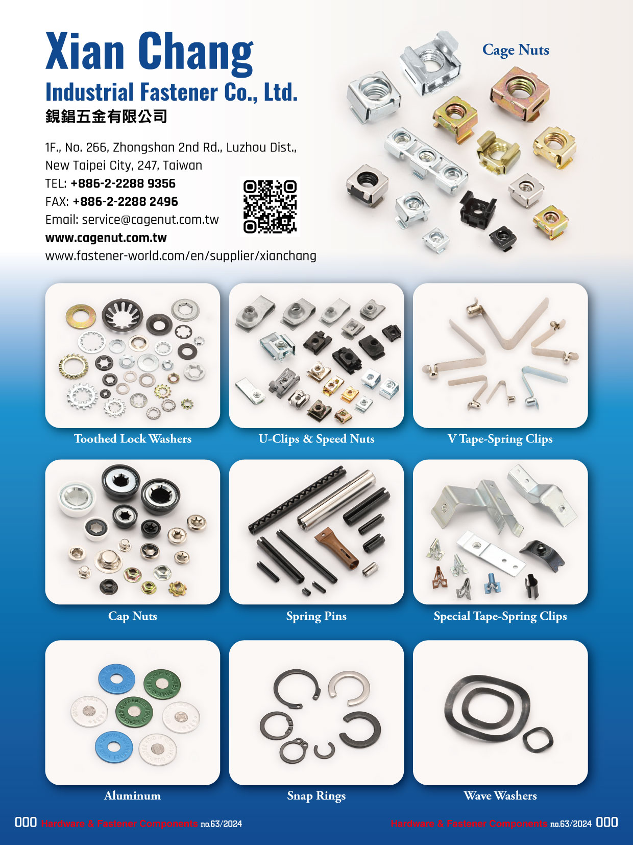 XIAN CHANG INDUSTRIAL FASTENER CO., LTD. , Toothed Lock Washers, U-Clips & Speed Nuts, V Tape-Spring Clips, Cap Nuts, Spring Pins, Special Tape-Spring Clips, Aluminum, Snap Rings, Wave Washers