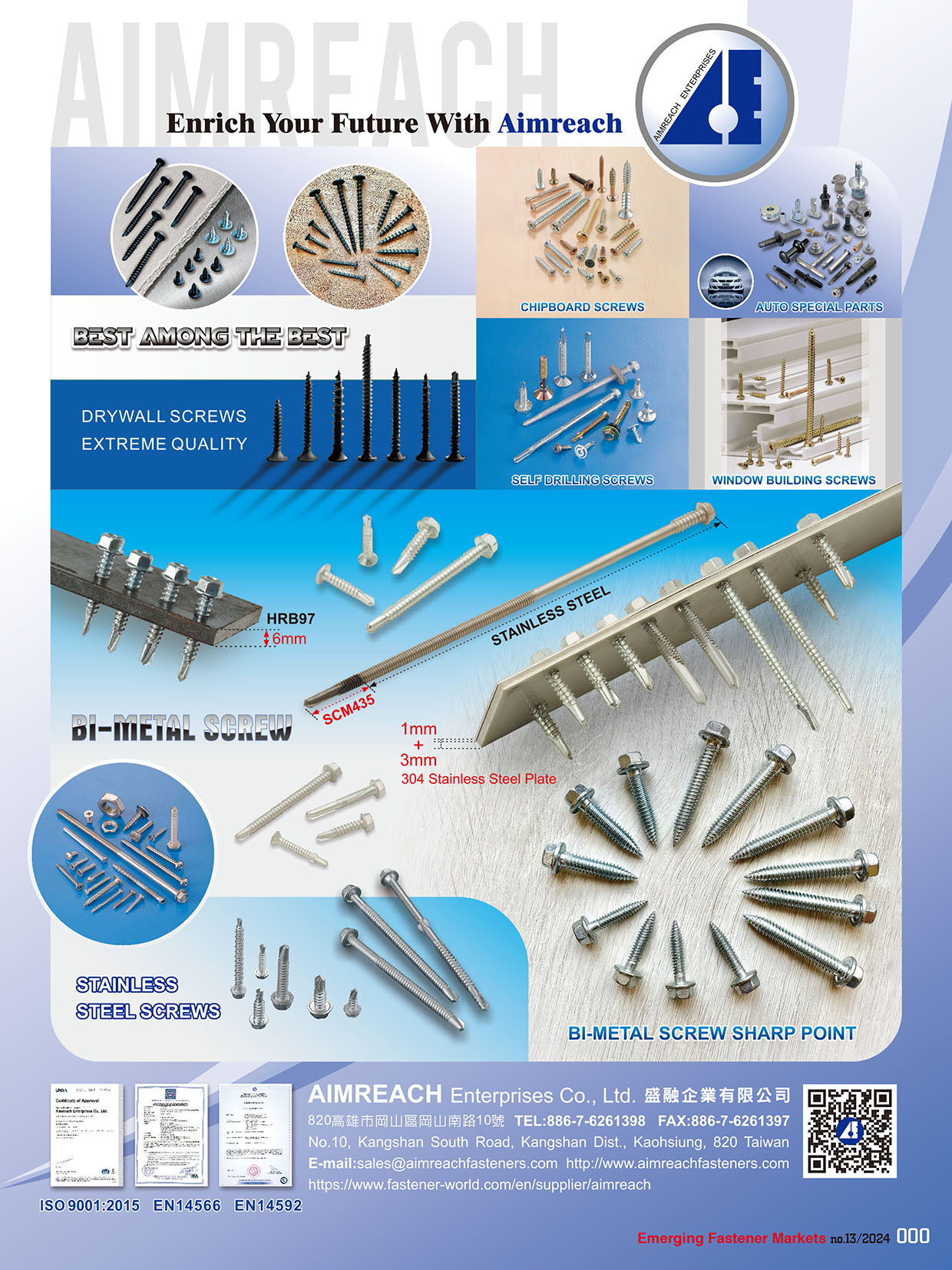 AIMREACH ENTERPRISES CO., LTD.  , Drywall Screws, Bi-Metal Screws, Chipboard Screws, Self Drilling Screws, Auto Special Parts, Window Building Screws, Stainless Steel Screws,