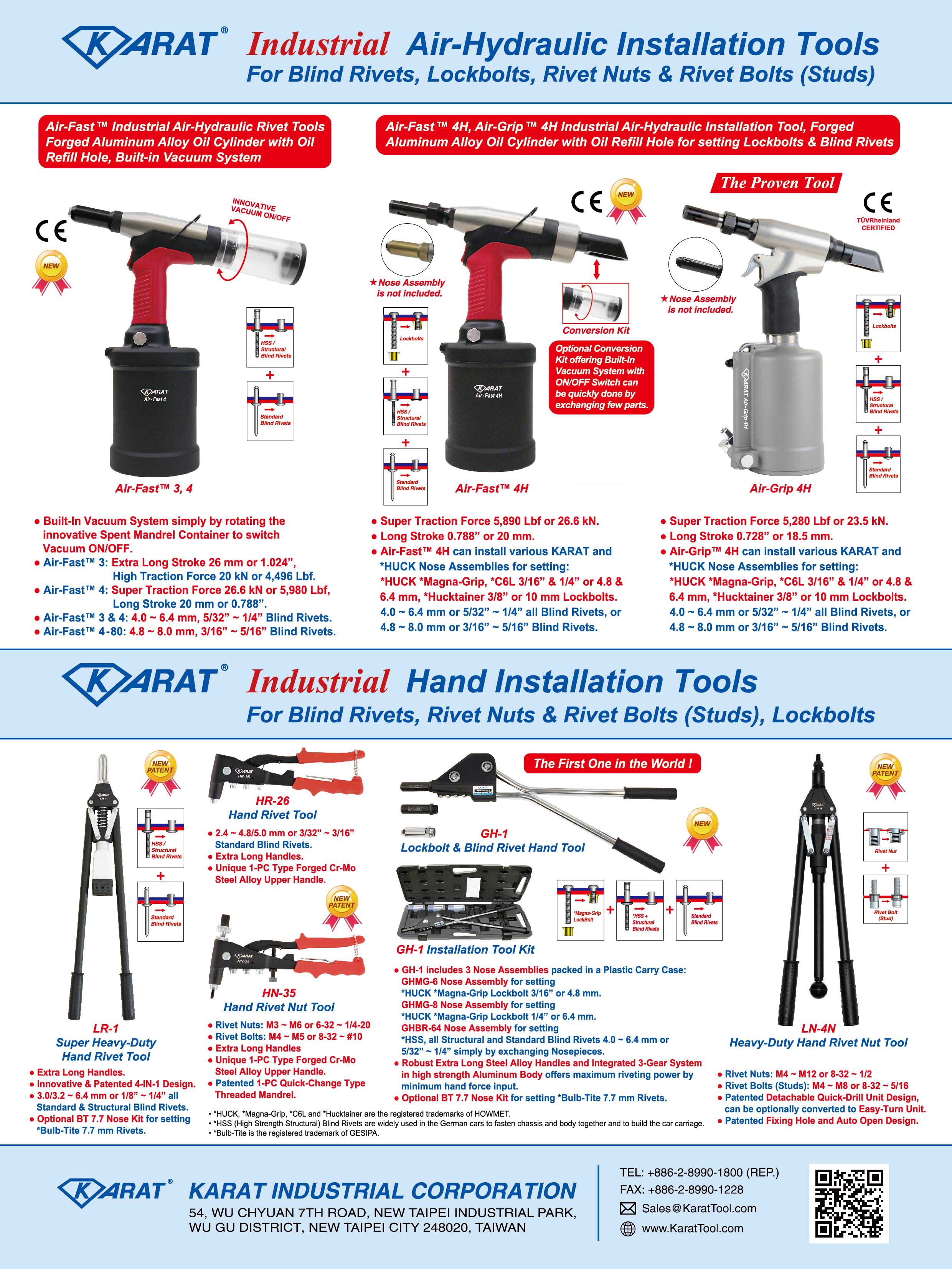 KARAT INDUSTRIAL CORPORATION  , Industrial Air-Hydraulic Installation Tools for Blind Rivets, Lockbolts, Rivet Nuts & Rivet Bolts (Studs); Industrial Hand Installation Tools for Blind Rivets, Rivet Nuts & Rivet Bolts (Studs), Lockbolts