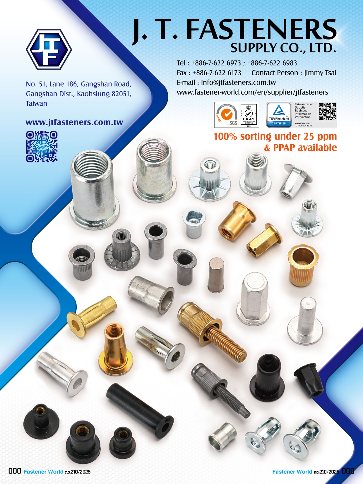 J. T. FASTENERS SUPPLY CO., LTD.  , Rivet Nuts, AT & AW Threaded Inserts, Plus Nuts, Lock Bolts, Rubber Nuts, Jack Nuts, Riveting & Clinching Parts, Stamped Weld Nuts, Tee-Nuts, Stamping Parts, Cage Nuts, Brass Inserts, Various Screws, 7.5 Concrete Screws, Nuts, Anchors & Fixings, Special Parts, Customized Fasteners, CNC Titanium Parts