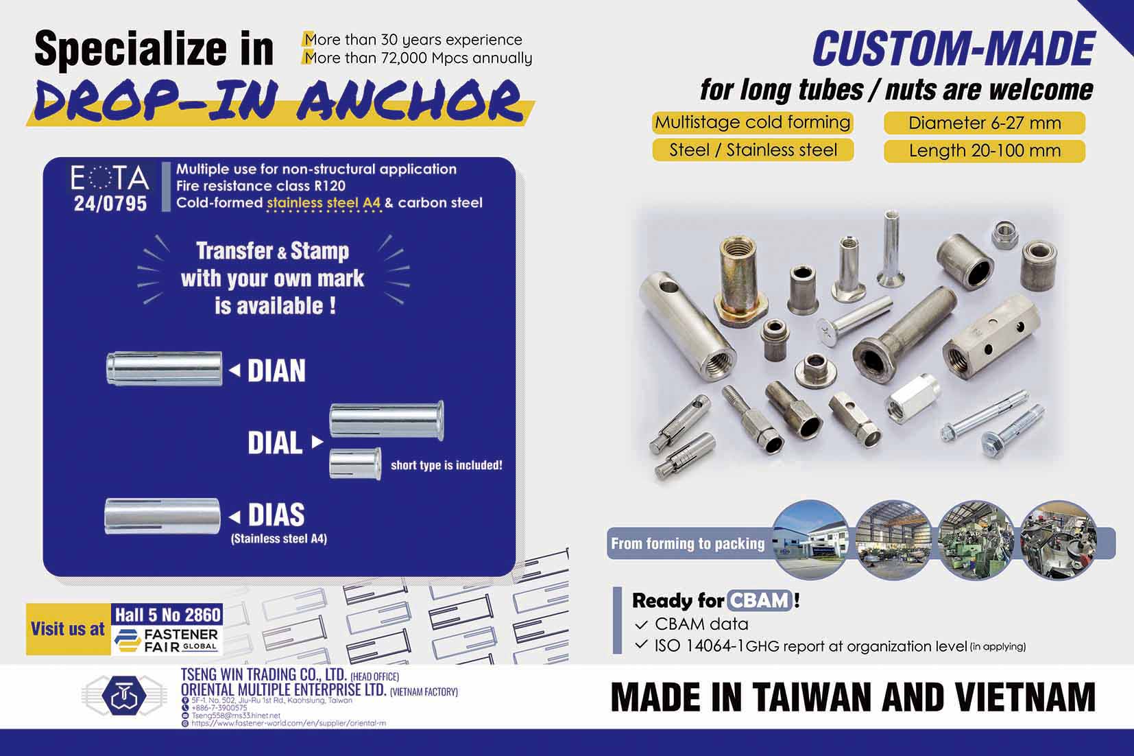 TSENG WIN / ORIENTAL MULTIPLE ENTERPRISE LTD. , Drop-In Anchor, Custom-made for long Tubes / Nuts