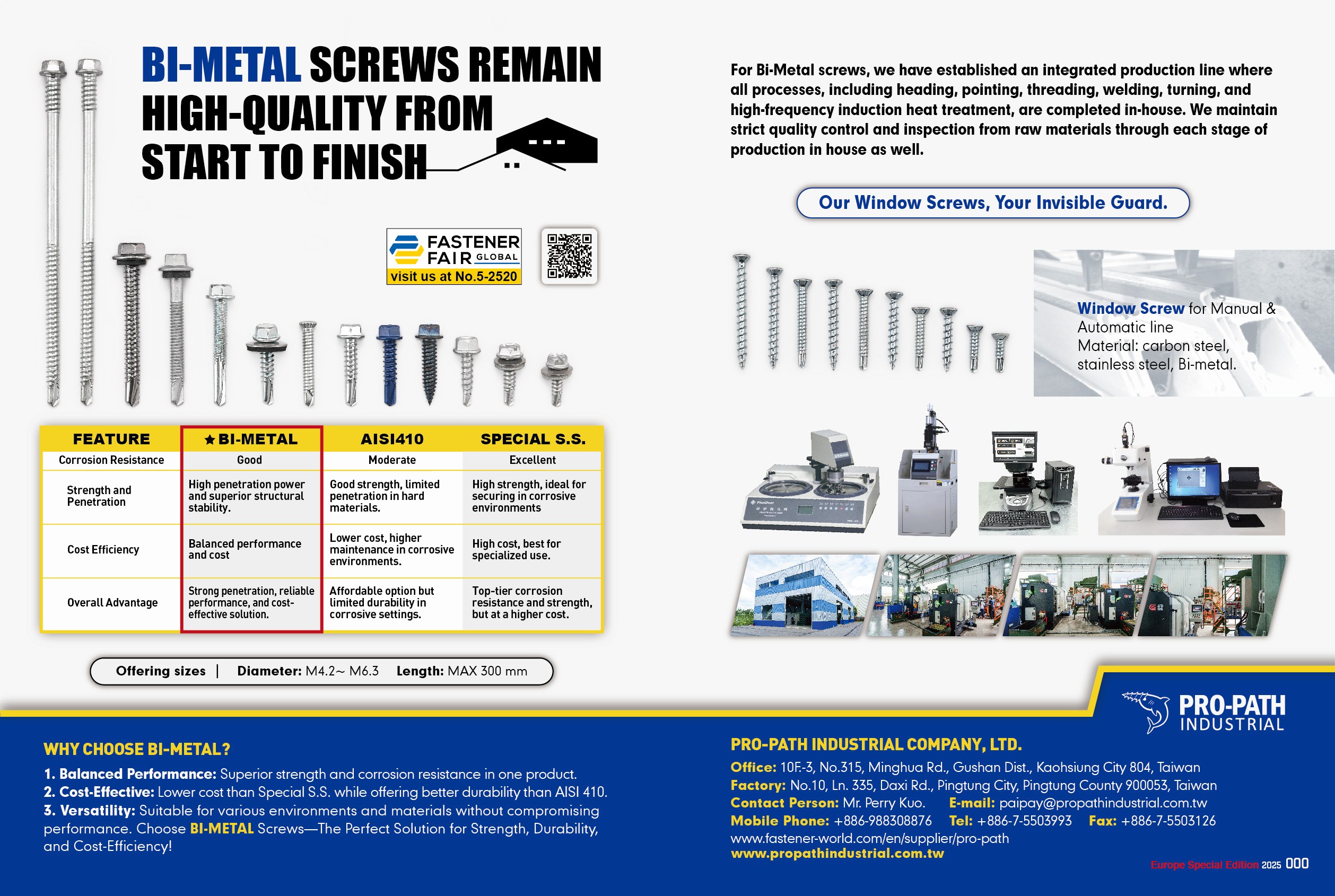 PRO-PATH INDUSTRIAL COMPANY, LTD. (propath) , Window Screw for Manual & Automatic Line